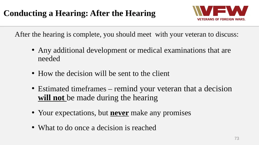 The Appeals Process & Hearings VFW Basic Training - slide 73 of 78