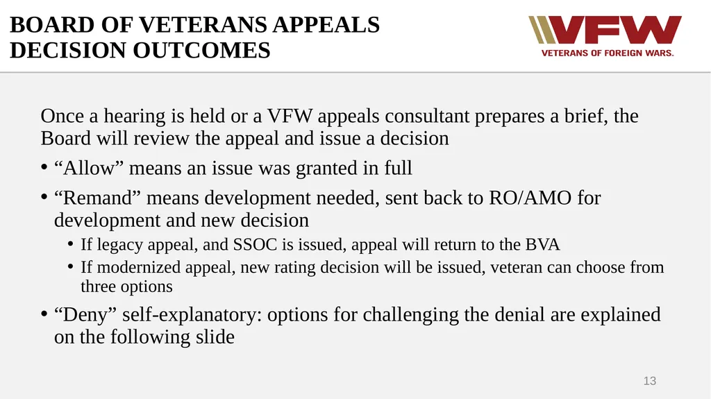 The Appeals Process & Hearings VFW Basic Training - slide 13 of 78