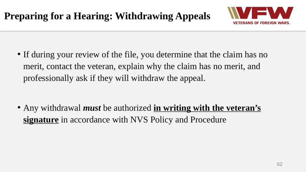 The Appeals Process & Hearings VFW Basic Training - slide 62 of 78