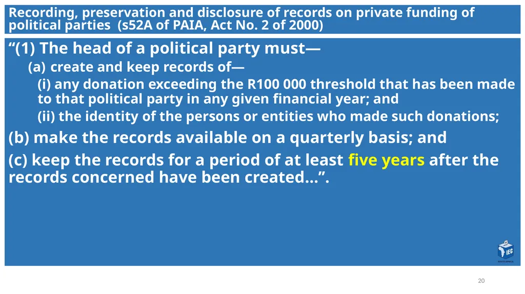 Political Party Funding Act, 6 of 2018 Context - slide 20 of 42