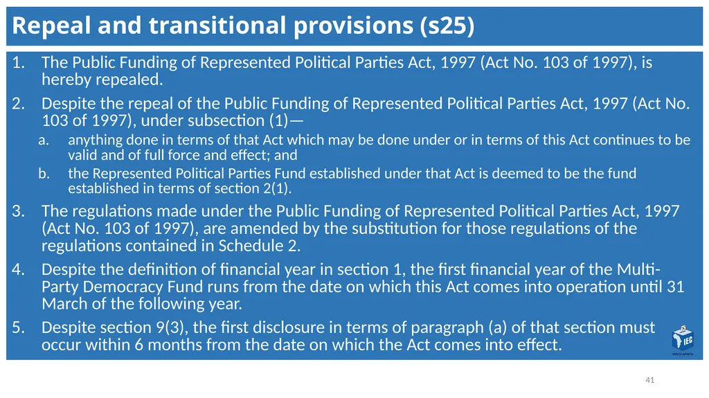 Political Party Funding Act, 6 of 2018 Context - slide 41 of 42