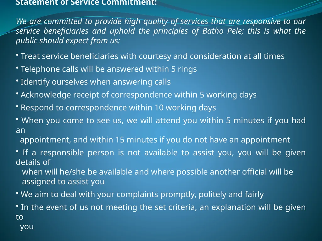DRAFT SERVICE DELIVERY CHARTER AND SERVICE - slide 14 of 25