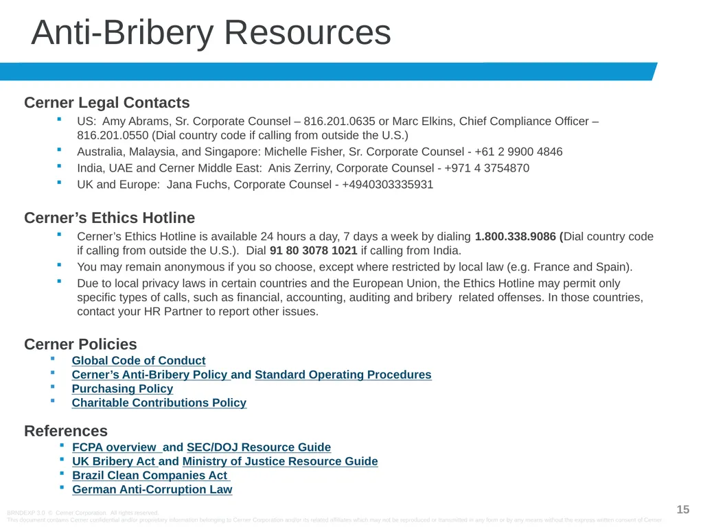 Anti-Bribery Training Cerner has zero tolerance - slide 15 of 16