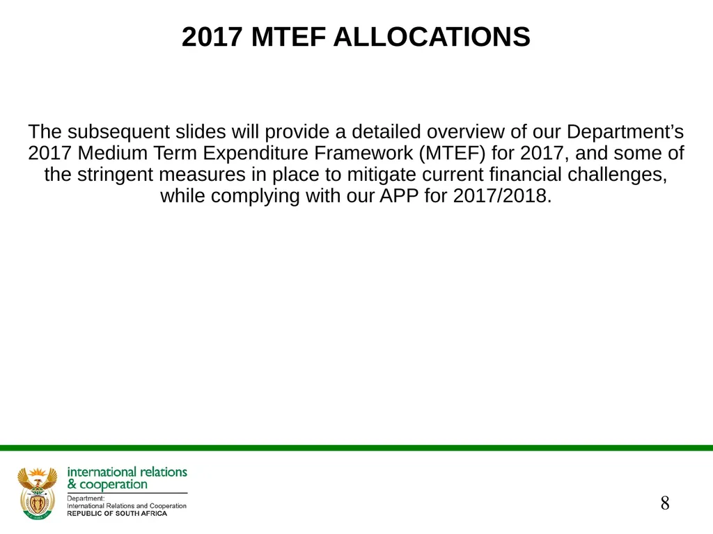 ANNUAL PERFORMANCE PLAN 2017/ 2018 PRESENTATION TO - slide 8 of 33