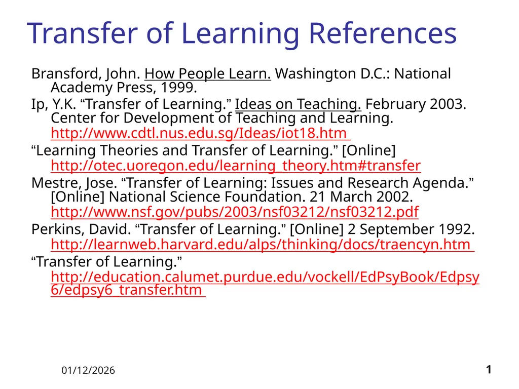 5/20/12 1 Transfer of Learning References - slide 1 of 18