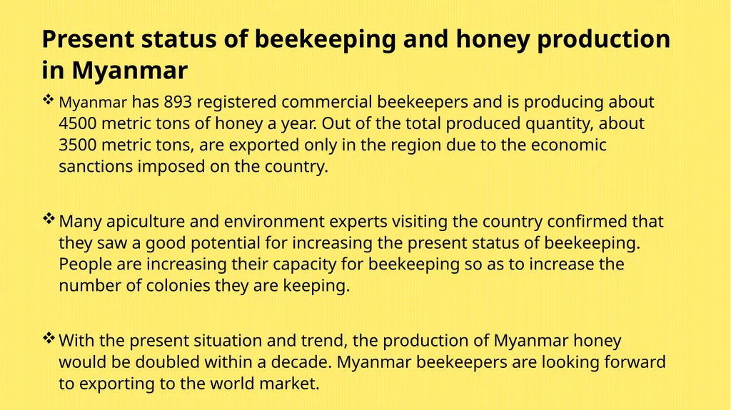 Challenges of exporting honey from Myanmar - slide 4 of 27