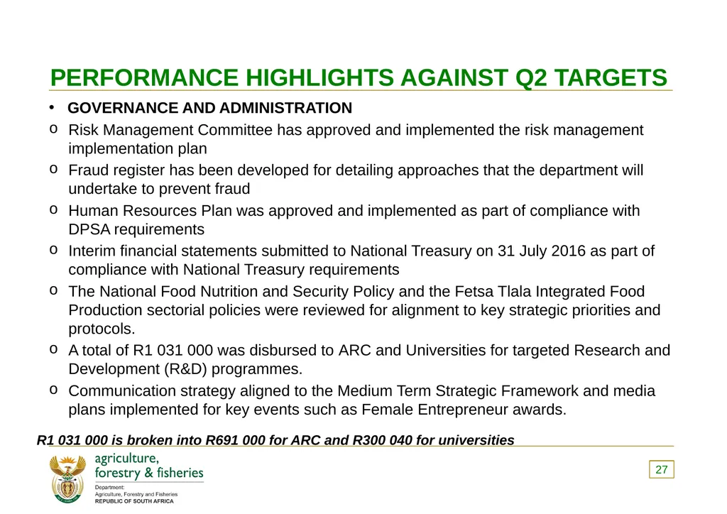 PRESENTATION TO THE PORTFOLIO COMMITTEE ON 8 - slide 27 of 67