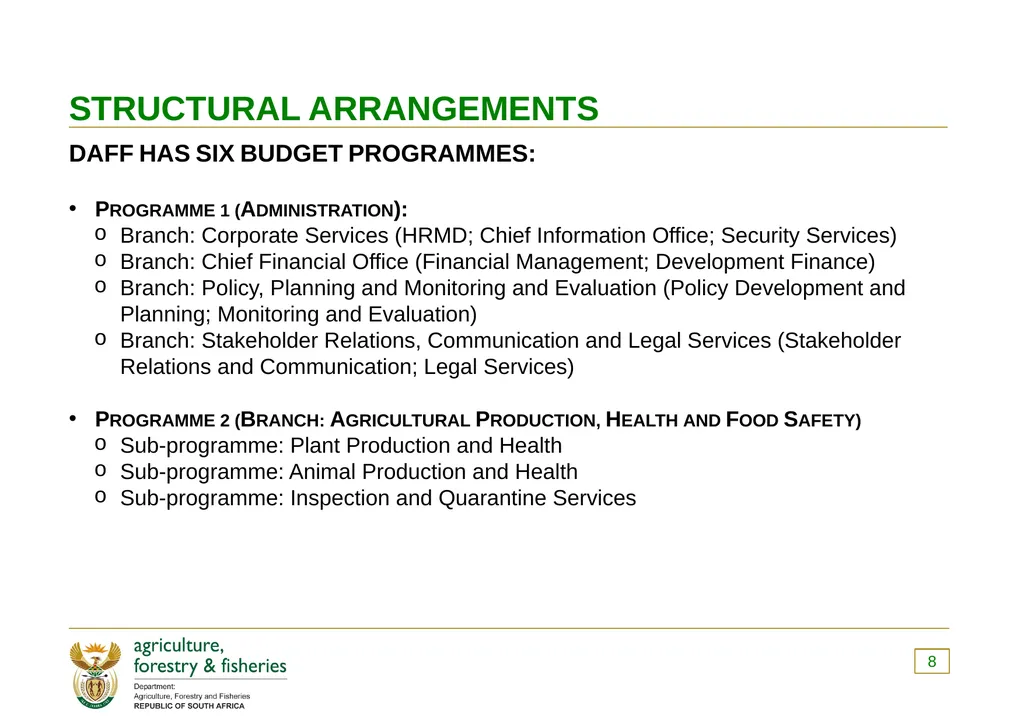 PRESENTATION TO THE PORTFOLIO COMMITTEE ON 8 - slide 8 of 67