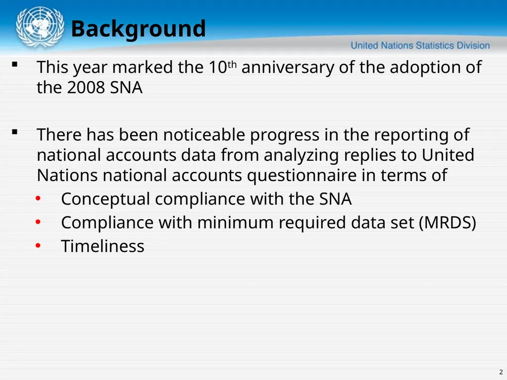 United Nations Statistics Division ISWGNA Task - slide 2 of 14