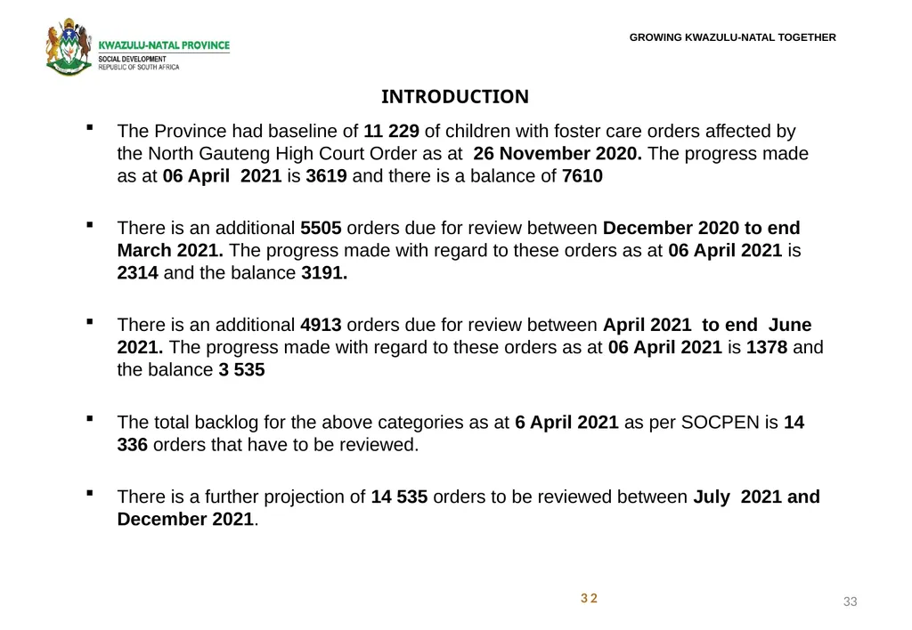 FOSTER CARE PROGRESS REPORT ON THE IMPLEMENTATION - slide 33 of 77