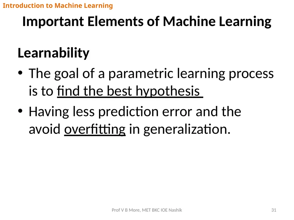 Introduction to Machine Learning Prof V B More - slide 31 of 64