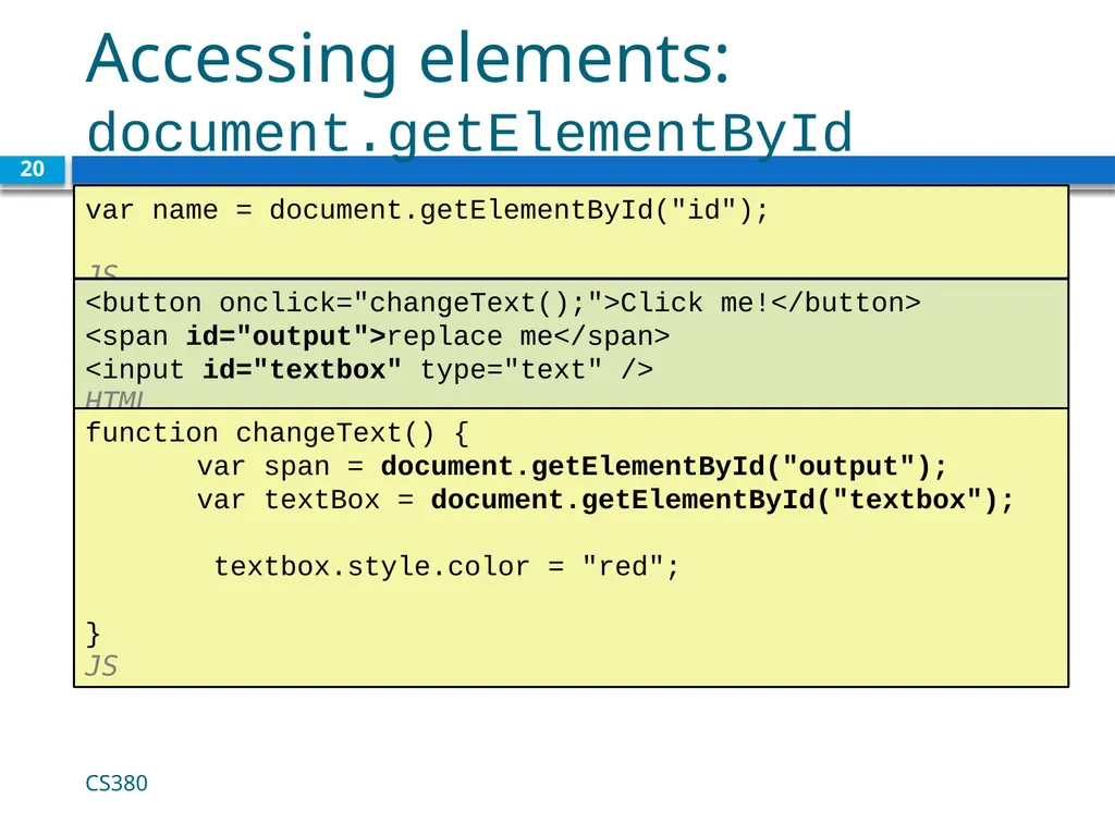 Intro to Javascript CS380 1 Client Side Scripting - slide 20 of 40