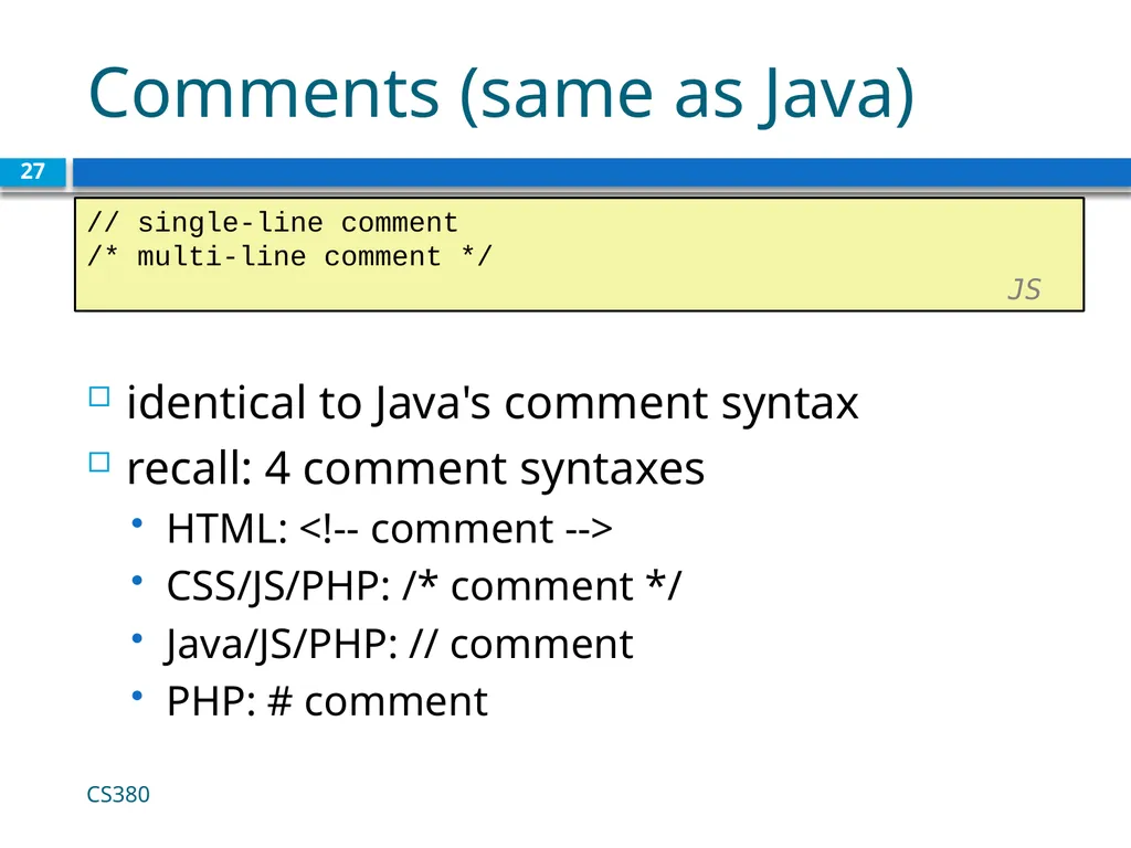 Intro to Javascript CS380 1 Client Side Scripting - slide 27 of 40