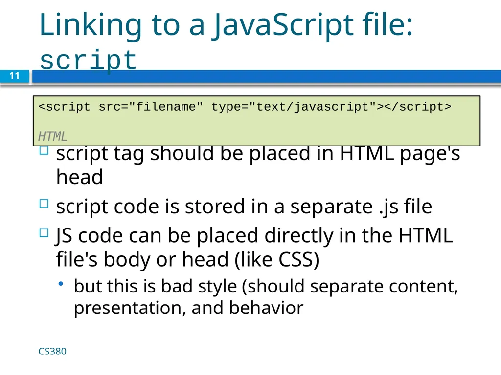 Intro to Javascript CS380 1 Client Side Scripting - slide 11 of 40
