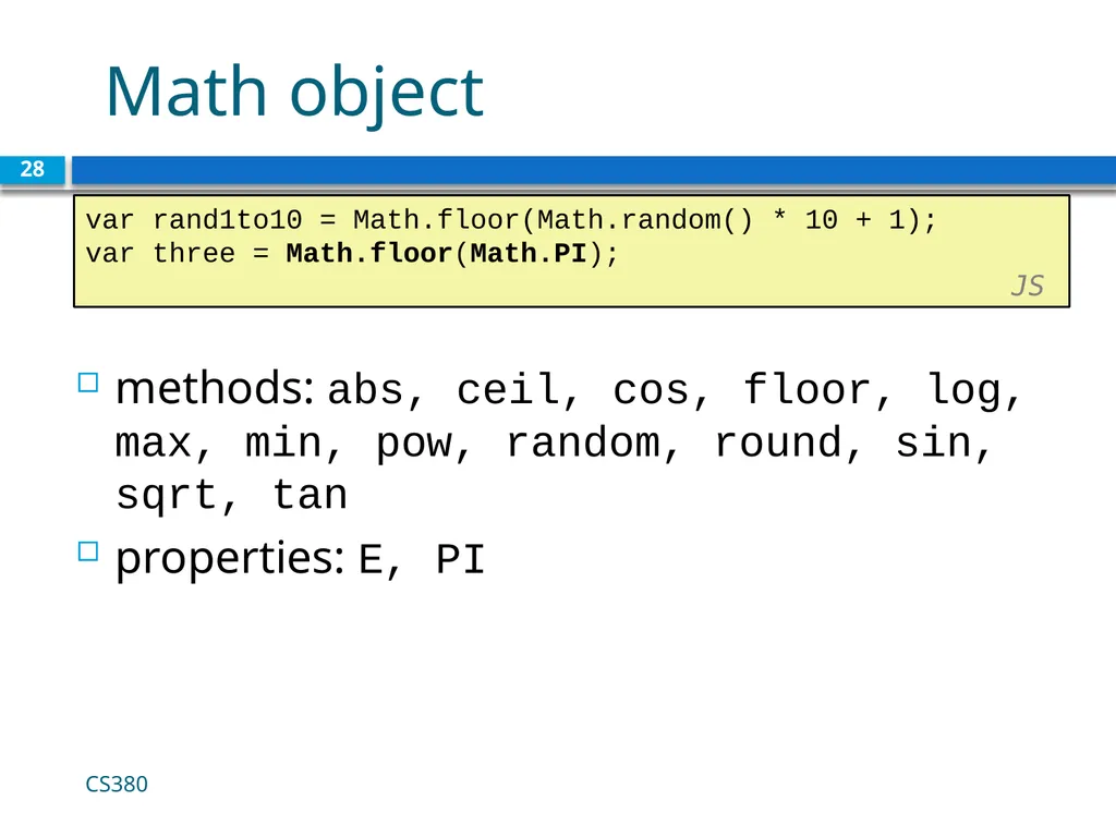Intro to Javascript CS380 1 Client Side Scripting - slide 28 of 40