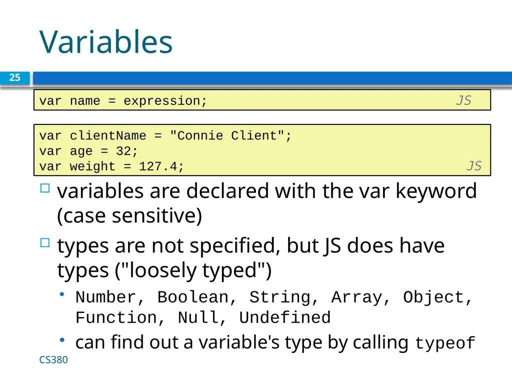 Intro to Javascript CS380 1 Client Side Scripting - slide 25 of 40