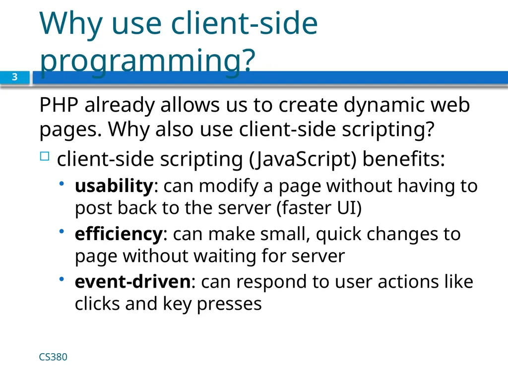 Intro to Javascript CS380 1 Client Side Scripting - slide 3 of 40