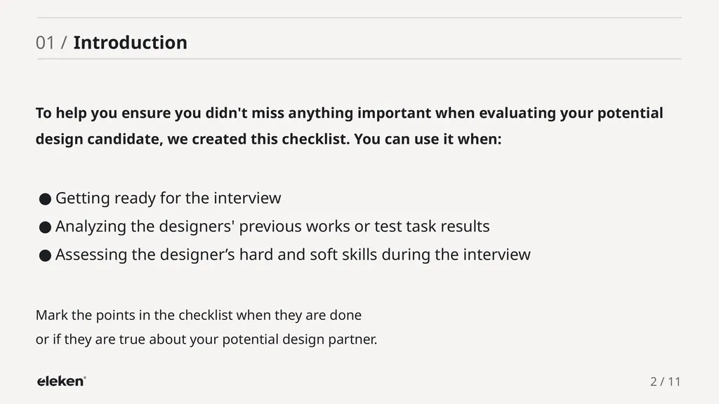 UI/UX Designer Evaluation Checklist 01 / - slide 2 of 12