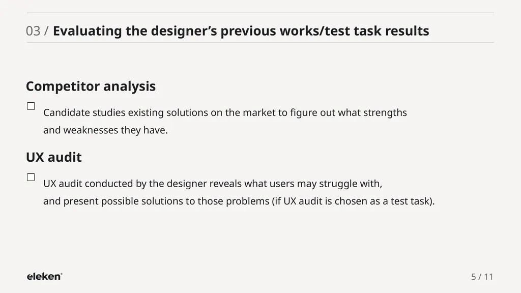 UI/UX Designer Evaluation Checklist 01 / - slide 5 of 12