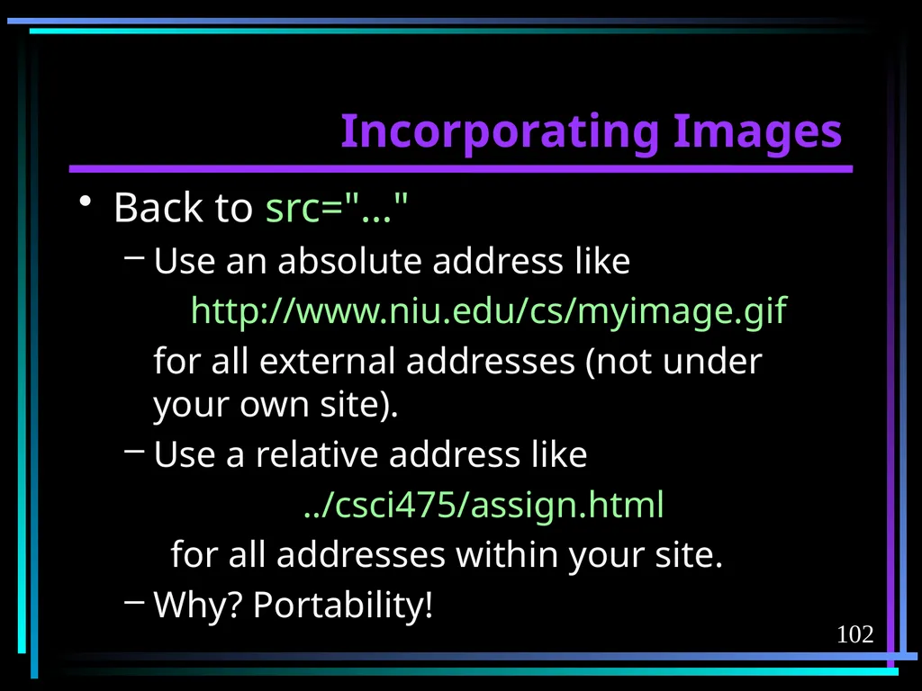 HTML 2 HTML Hypertext Markup Language (HTML) a - slide 102 of 262