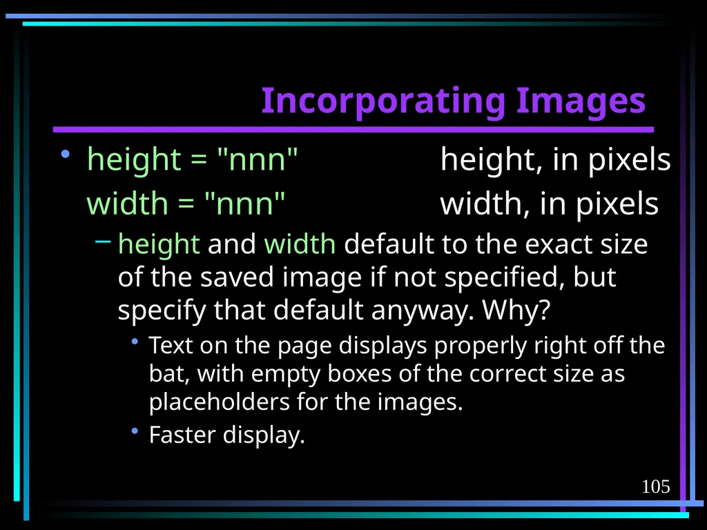 HTML 2 HTML Hypertext Markup Language (HTML) a - slide 105 of 262