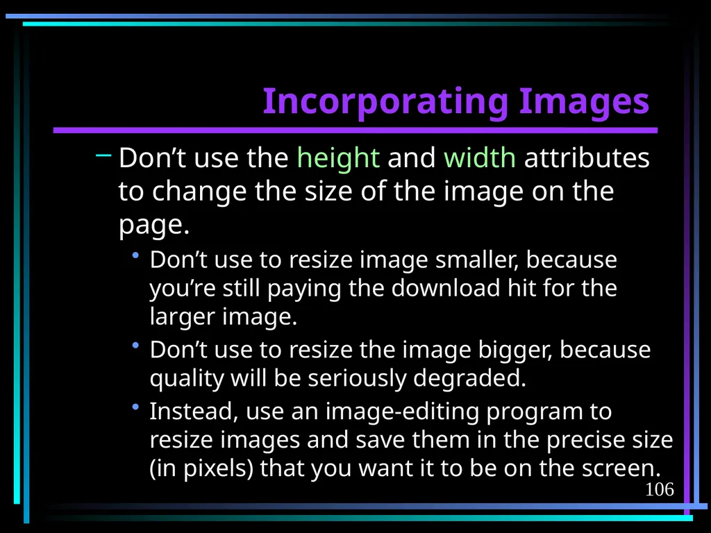 HTML 2 HTML Hypertext Markup Language (HTML) a - slide 106 of 262