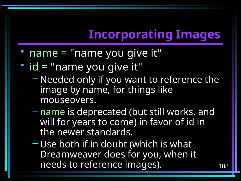 HTML 2 HTML Hypertext Markup Language (HTML) a - slide 108 of 262