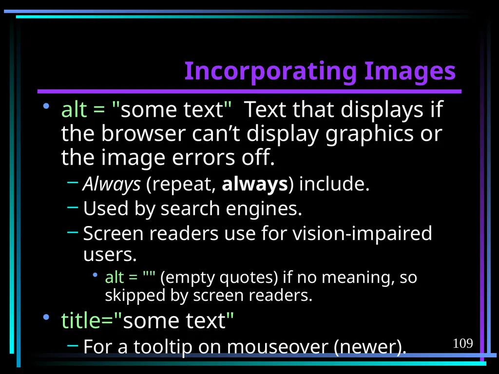 HTML 2 HTML Hypertext Markup Language (HTML) a - slide 109 of 262