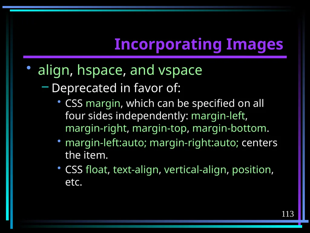 HTML 2 HTML Hypertext Markup Language (HTML) a - slide 113 of 262