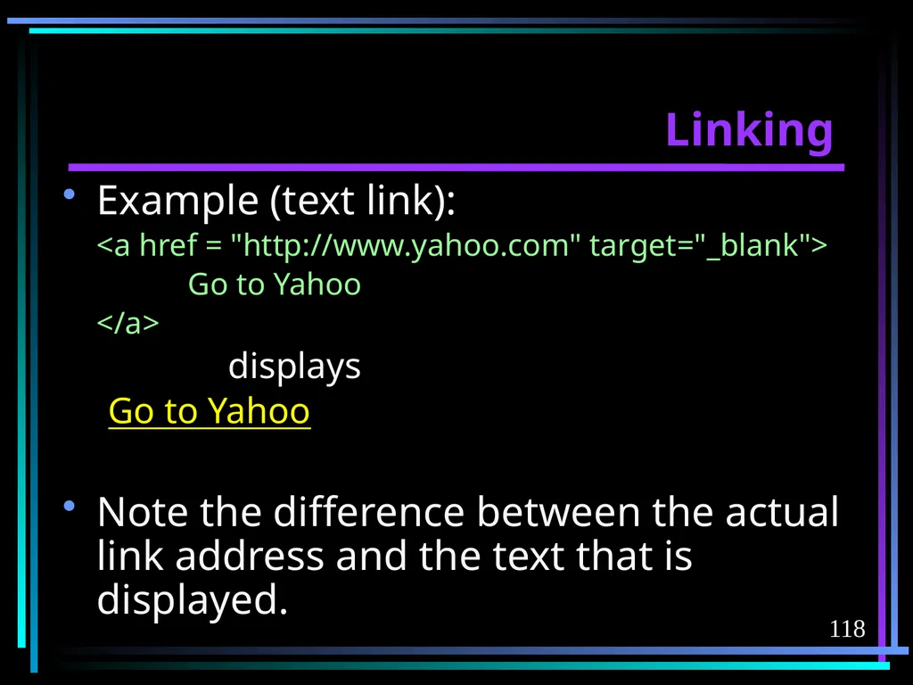 HTML 2 HTML Hypertext Markup Language (HTML) a - slide 118 of 262