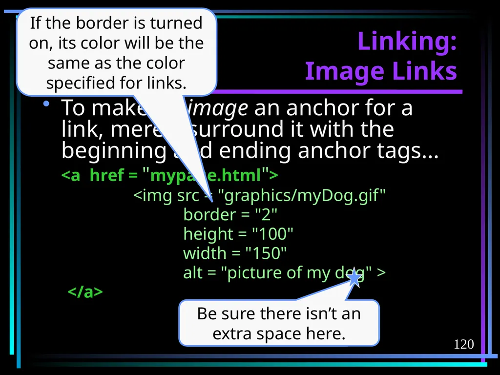 HTML 2 HTML Hypertext Markup Language (HTML) a - slide 120 of 262