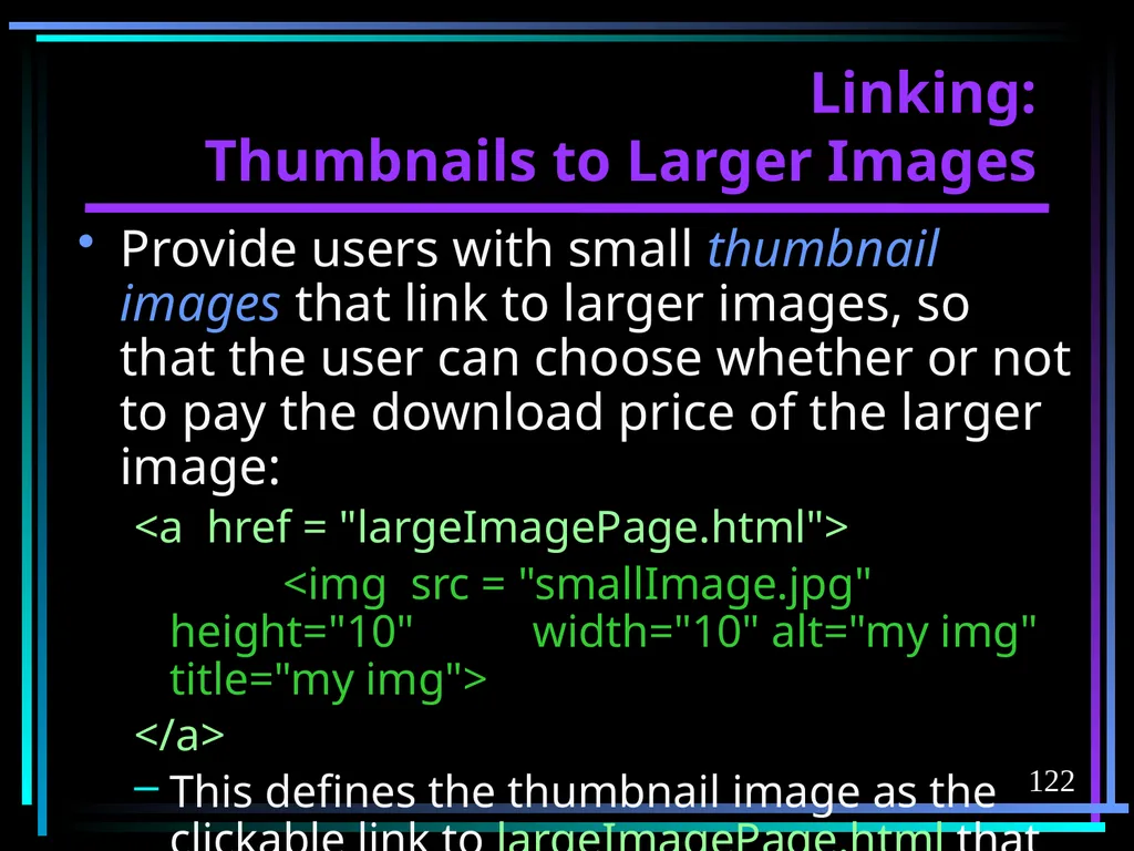 HTML 2 HTML Hypertext Markup Language (HTML) a - slide 122 of 262