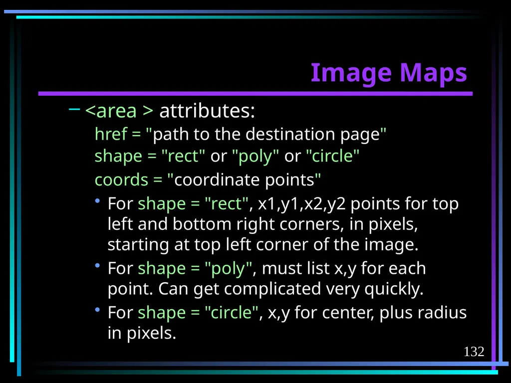 HTML 2 HTML Hypertext Markup Language (HTML) a - slide 132 of 262