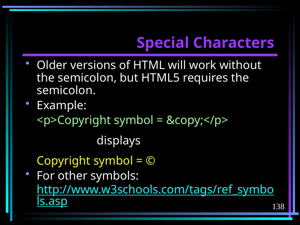 HTML 2 HTML Hypertext Markup Language (HTML) a - slide 138 of 262