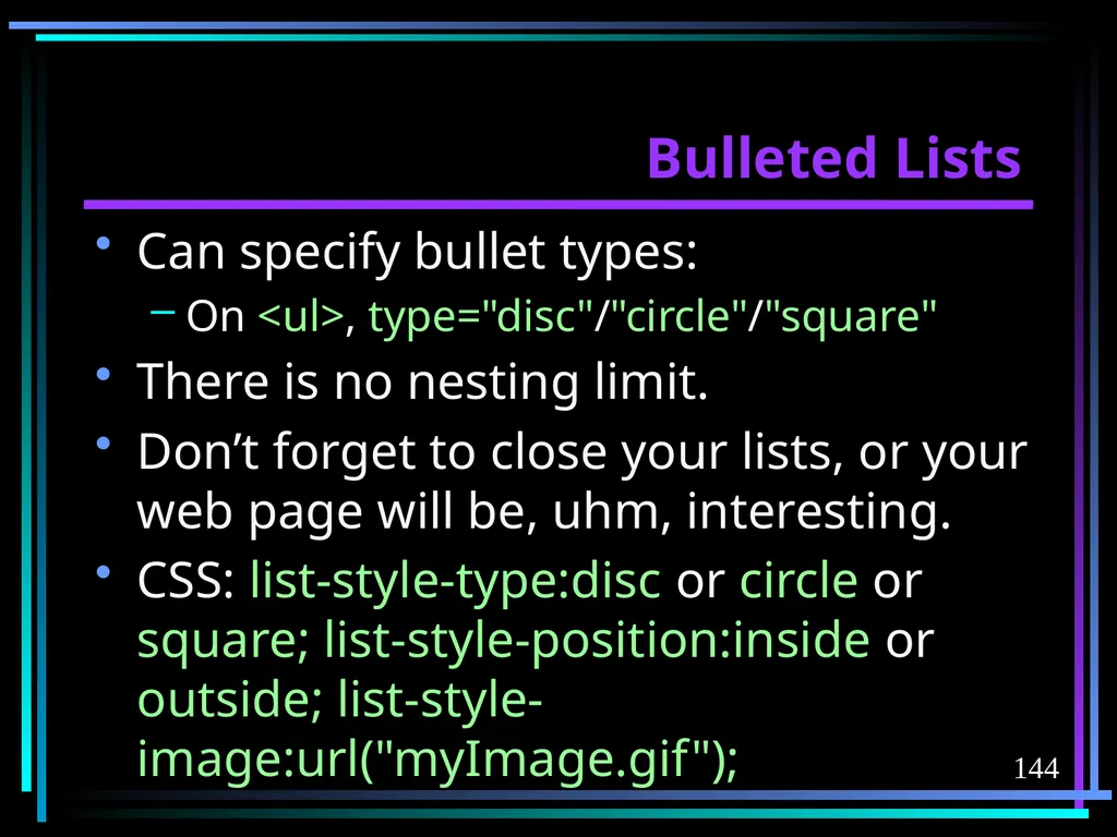 HTML 2 HTML Hypertext Markup Language (HTML) a - slide 144 of 262