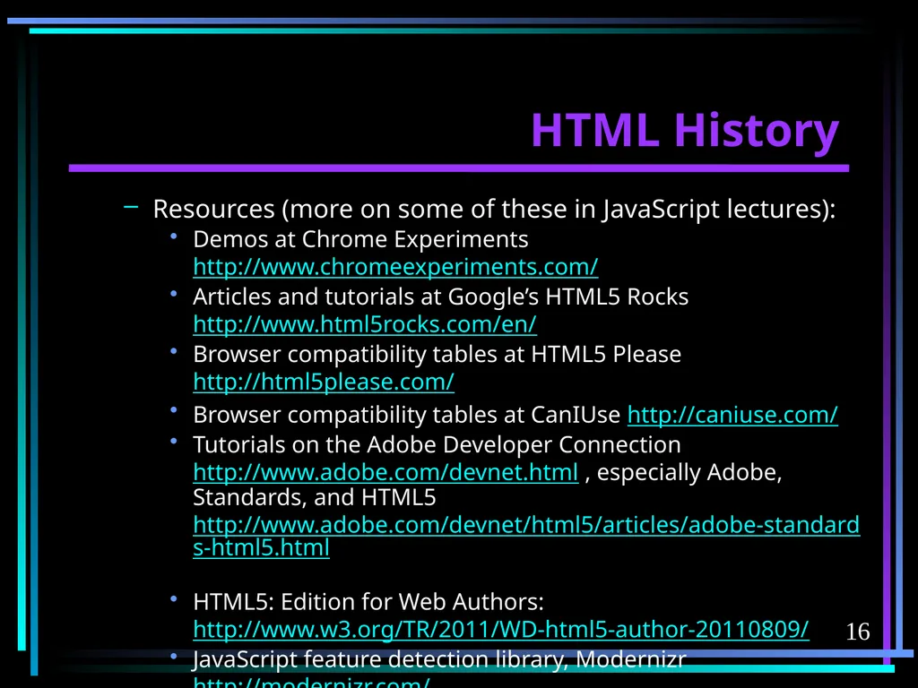 HTML 2 HTML Hypertext Markup Language (HTML) a - slide 16 of 262