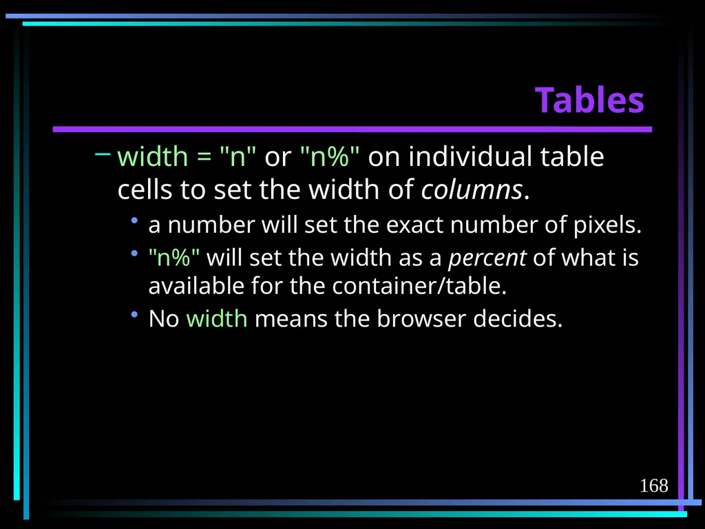 HTML 2 HTML Hypertext Markup Language (HTML) a - slide 168 of 262