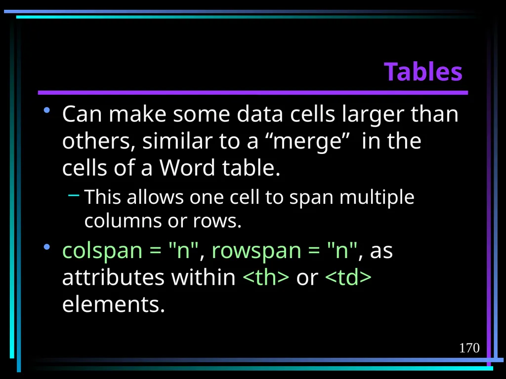 HTML 2 HTML Hypertext Markup Language (HTML) a - slide 170 of 262