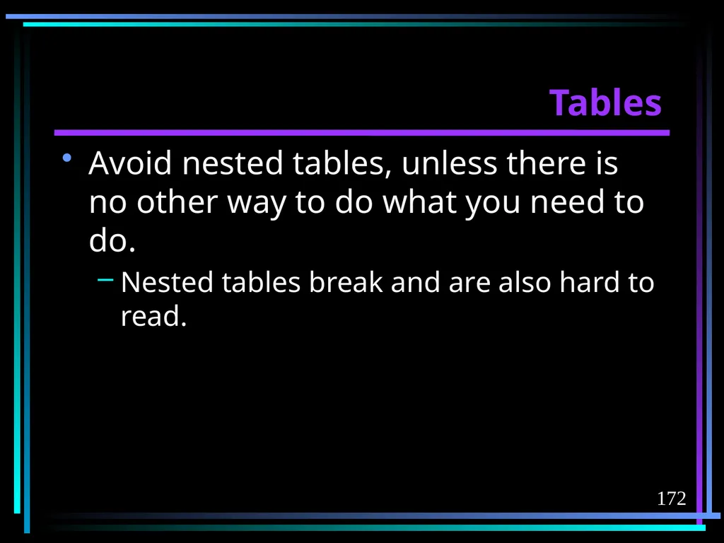 HTML 2 HTML Hypertext Markup Language (HTML) a - slide 172 of 262