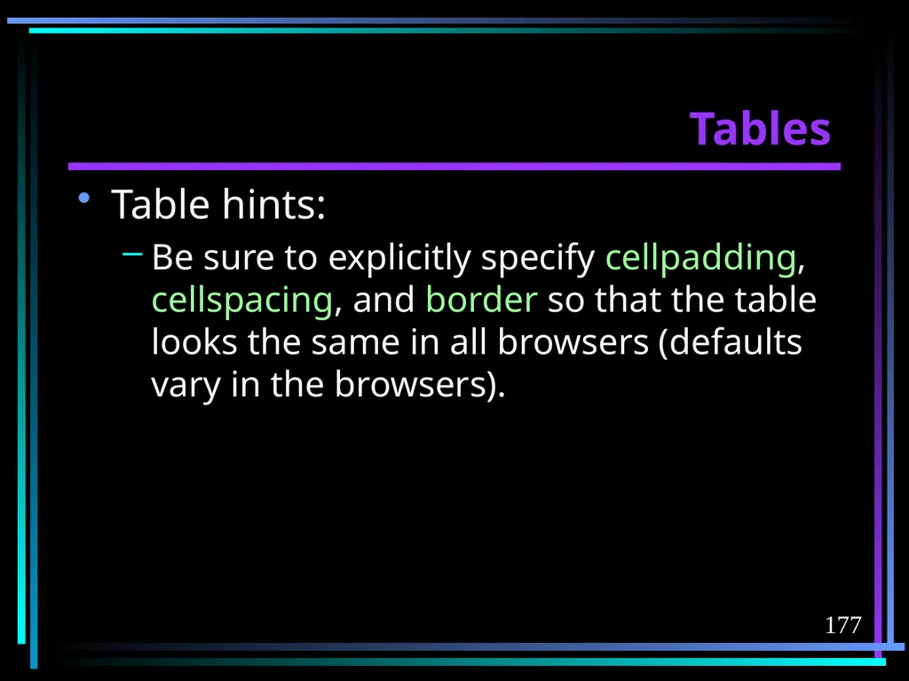 HTML 2 HTML Hypertext Markup Language (HTML) a - slide 177 of 262
