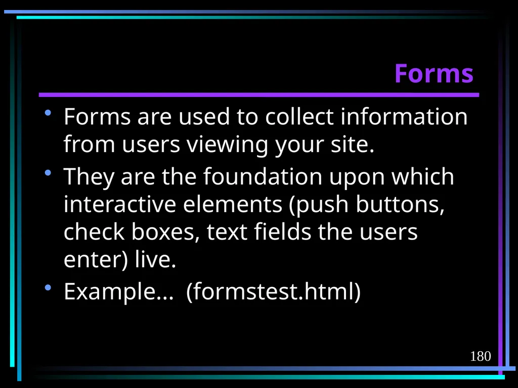 HTML 2 HTML Hypertext Markup Language (HTML) a - slide 180 of 262