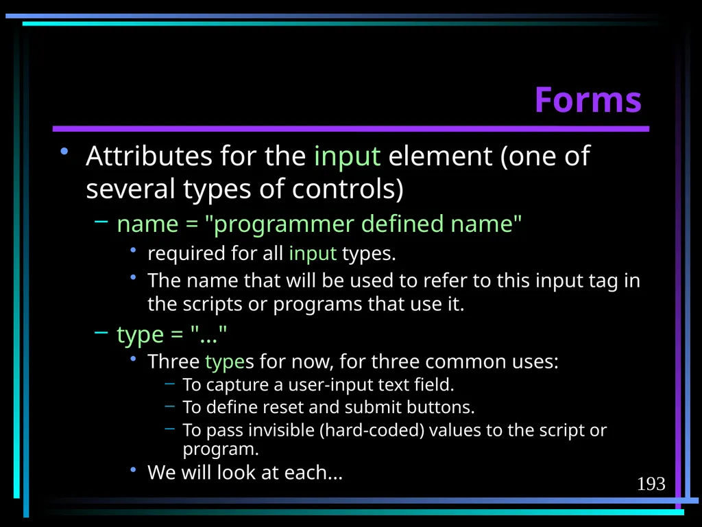 HTML 2 HTML Hypertext Markup Language (HTML) a - slide 193 of 262