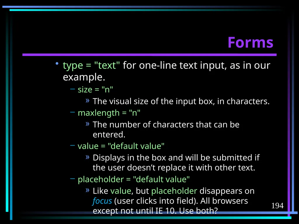 HTML 2 HTML Hypertext Markup Language (HTML) a - slide 194 of 262