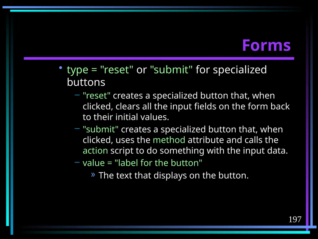 HTML 2 HTML Hypertext Markup Language (HTML) a - slide 197 of 262