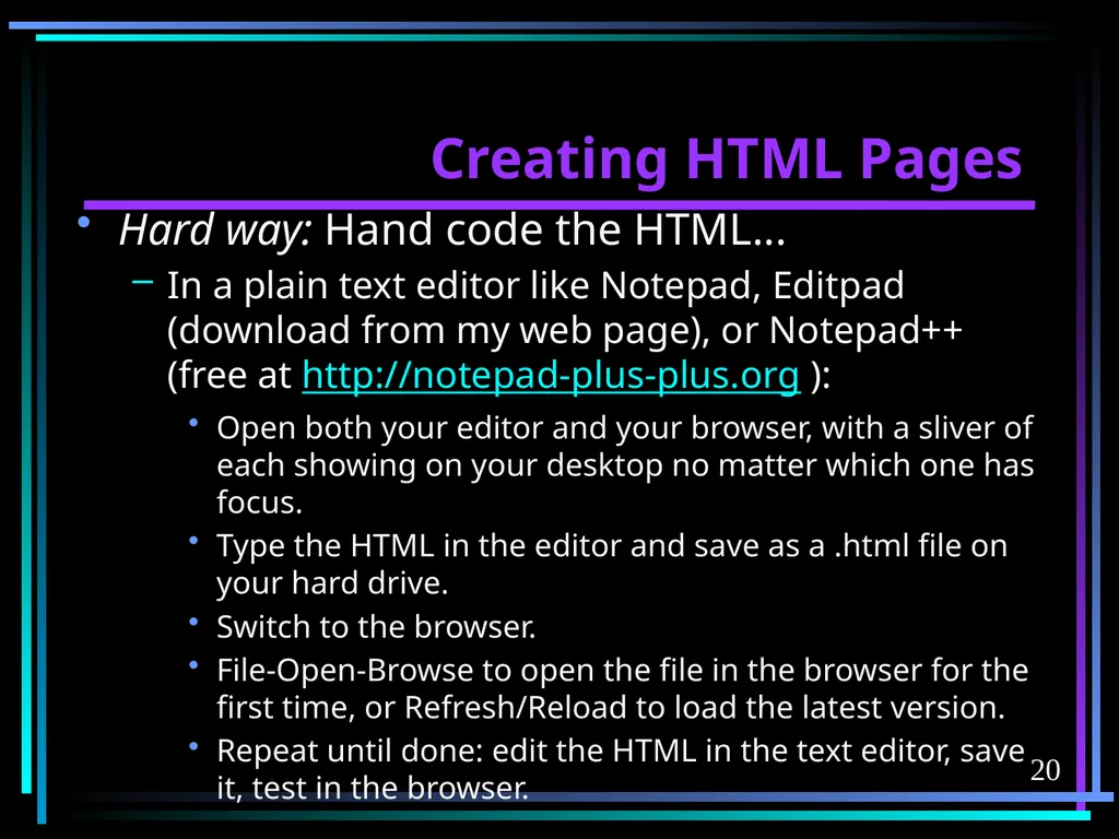 HTML 2 HTML Hypertext Markup Language (HTML) a - slide 20 of 262