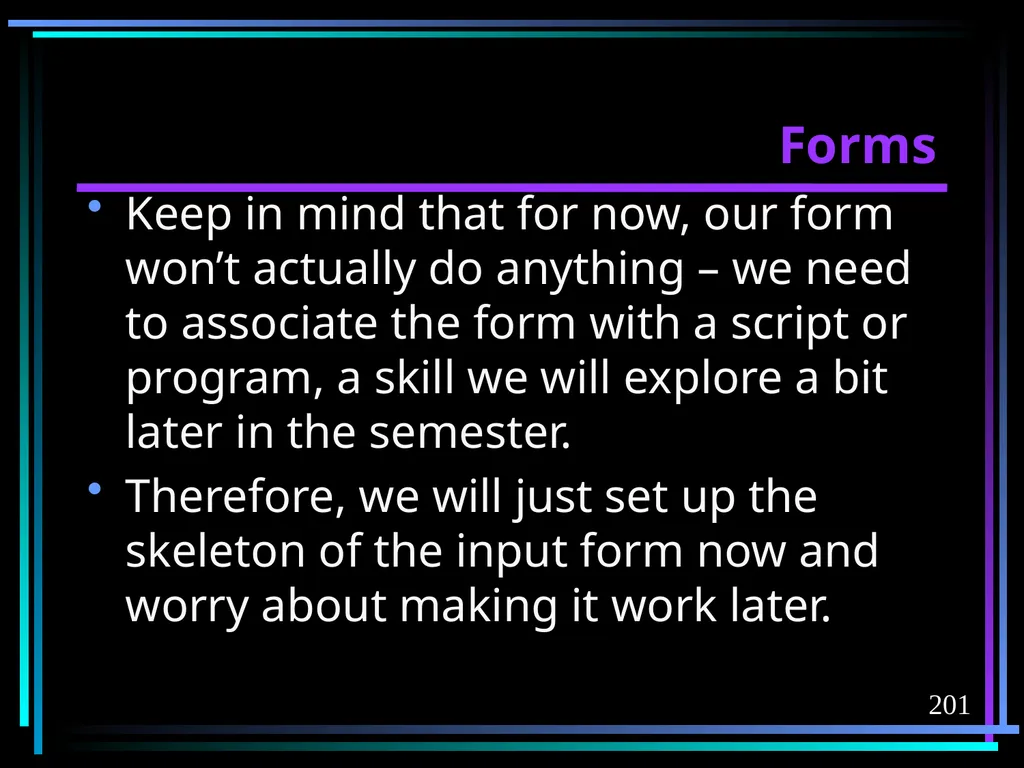 HTML 2 HTML Hypertext Markup Language (HTML) a - slide 201 of 262