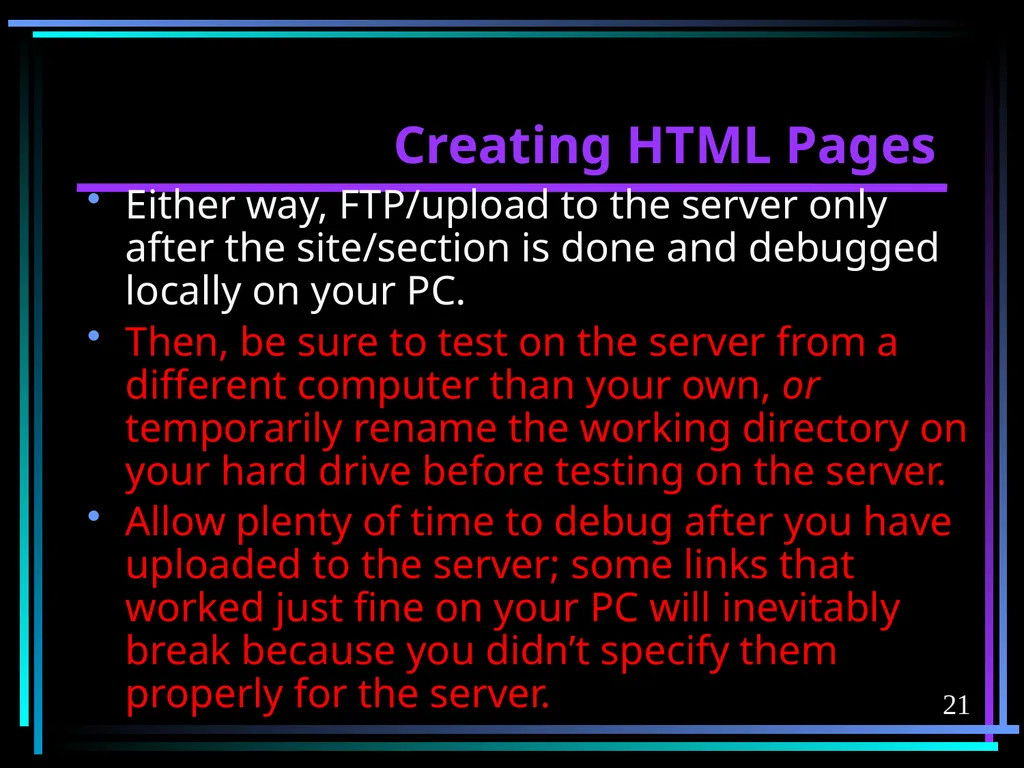 HTML 2 HTML Hypertext Markup Language (HTML) a - slide 21 of 262