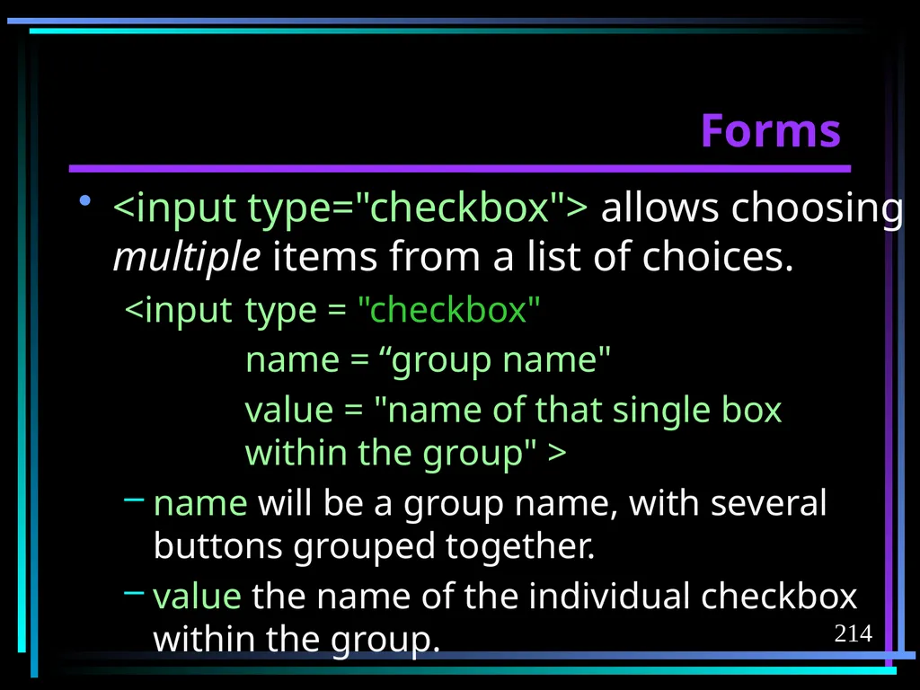 HTML 2 HTML Hypertext Markup Language (HTML) a - slide 214 of 262