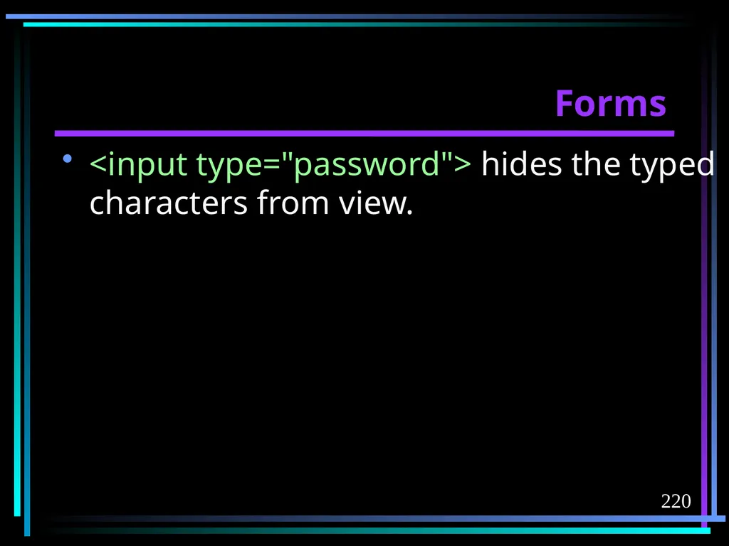 HTML 2 HTML Hypertext Markup Language (HTML) a - slide 220 of 262