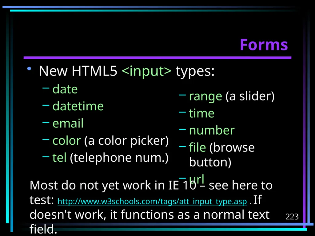 HTML 2 HTML Hypertext Markup Language (HTML) a - slide 223 of 262